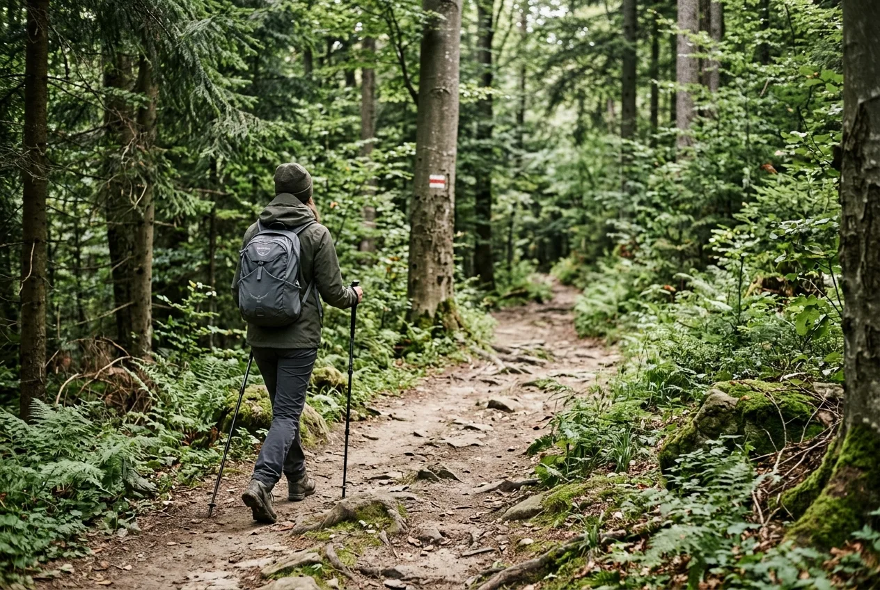 Turysta idący samotnie wyznaczonym leśnym szlakiem w Bieszczadach, z dala od gęstych zarośli