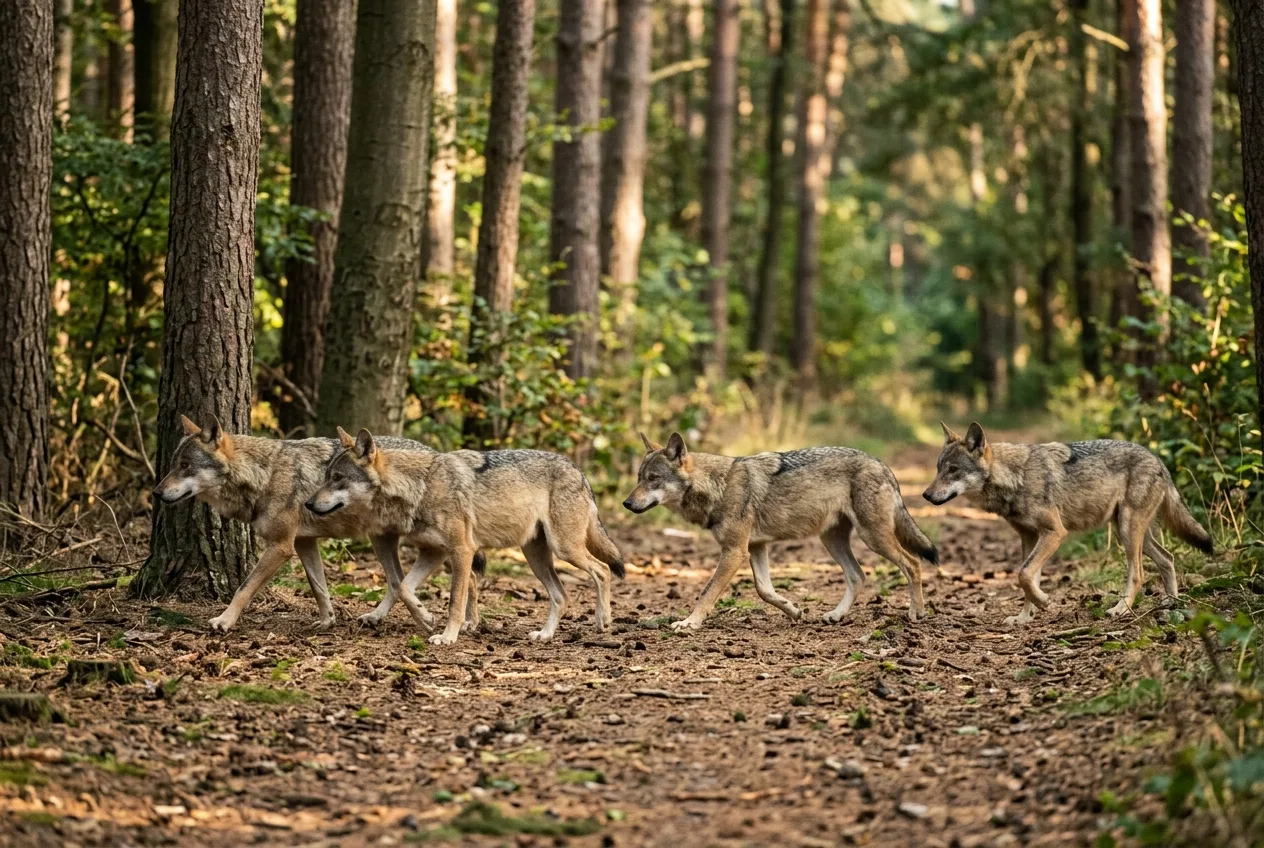 Wataha pięciu wilków idzie gęsiego leśną ścieżką w ciepłym, późnopopołudniowym świetle, z parą rodzicielską na czele grupy