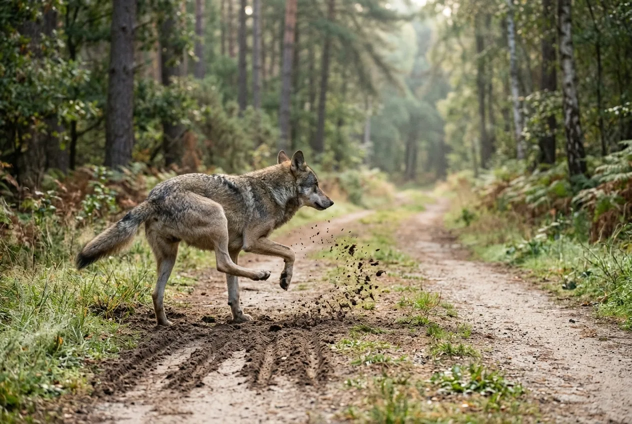 Wilk drapie tylną łapą ziemię na skrzyżowaniu leśnych dróg, zostawiając charakterystyczne bruzdy — sposób znakowania terytorium