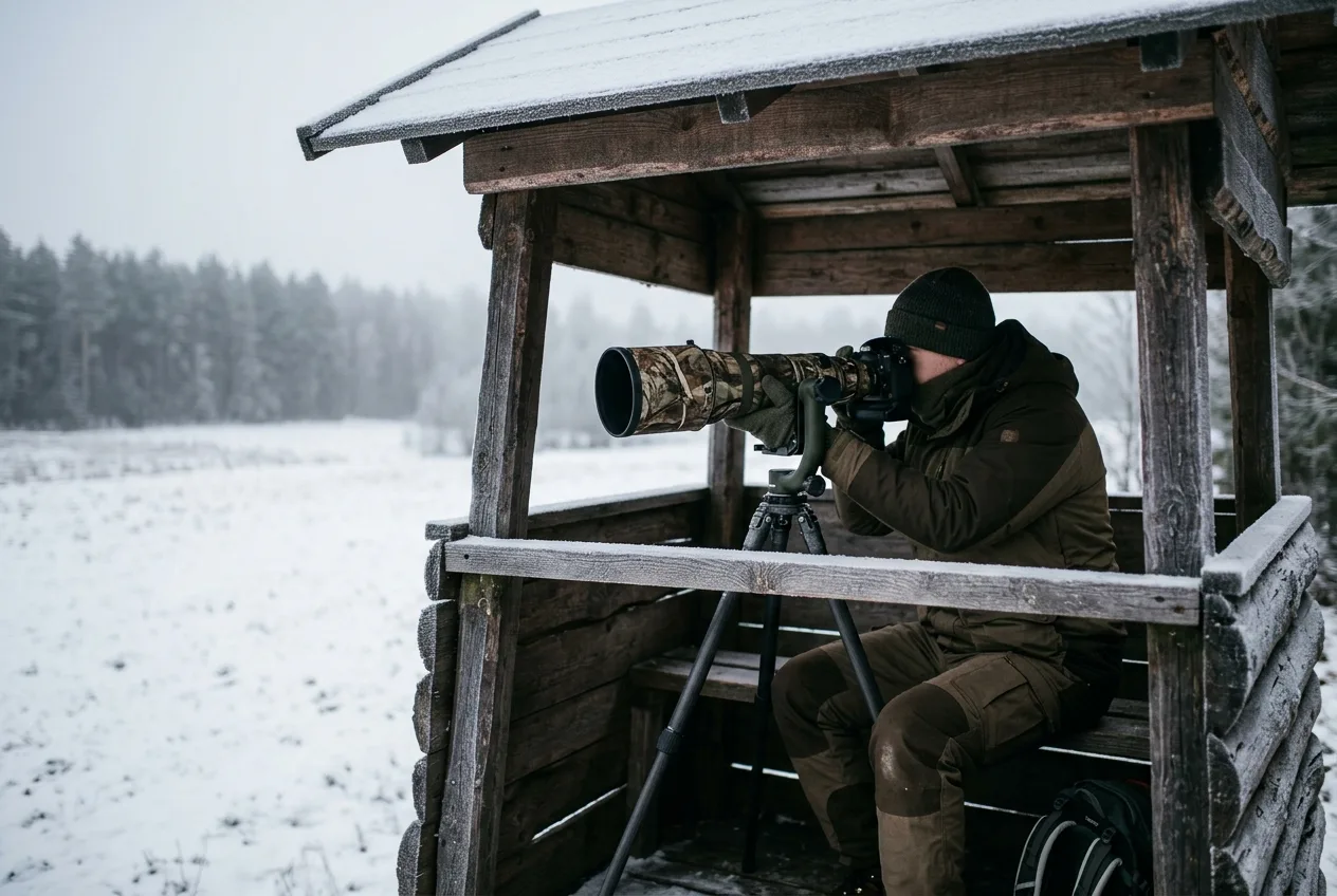 Fotograf z teleobiektywem na statywie siedzi na drewnianej ambonie nad ośnieżoną leśną polaną o poranku