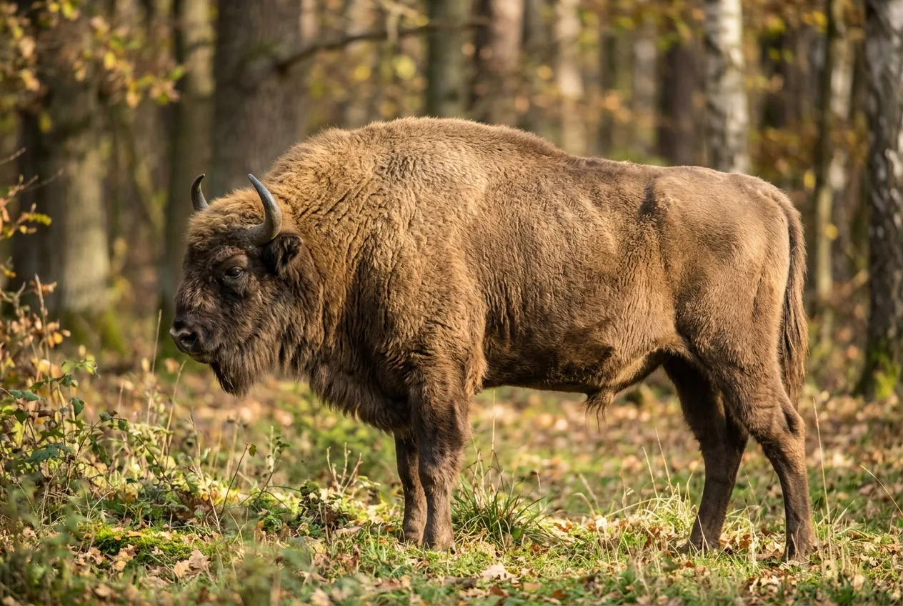 Byk żubra stojący bokiem — widoczny masywny garb, broda i krótkie rogi