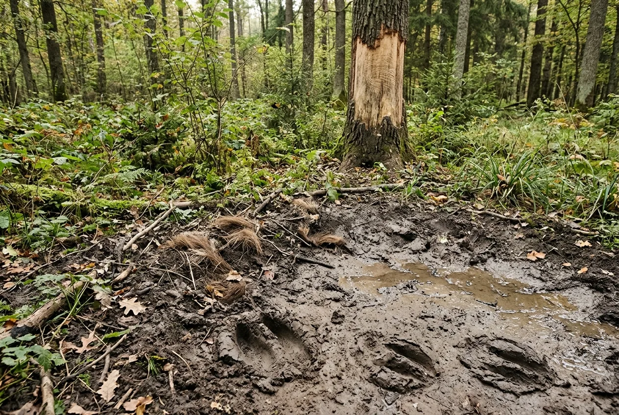 Zryte błotniste tarzawisko z odciskami racic żubra i otartą korą pobliskiego drzewa