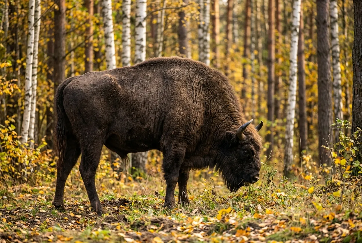 Samotny byk żubra pasący się na skraju brzozowego lasu jesienią