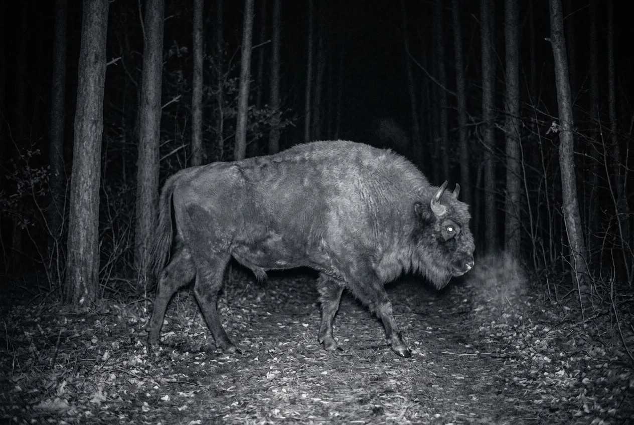 Czarno-biały nocny kadr z fotopułapki: żubr przechodzi leśną drogą, oczy świecą w podczerwieni