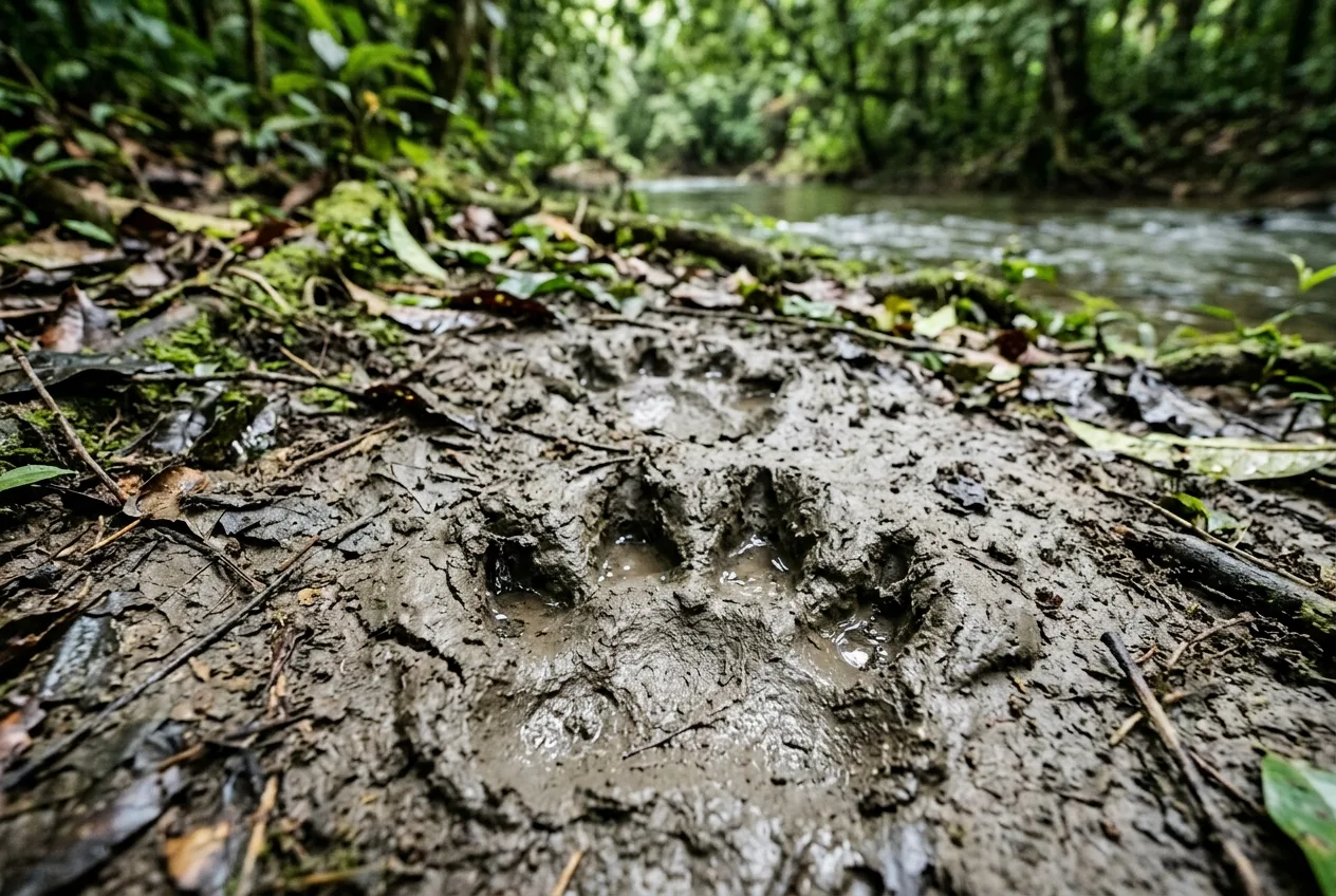 Pegada de anta na lama molhada da margem de um rio, com três dedos largos e arredondados atrás e um quarto dedo visível na dianteira