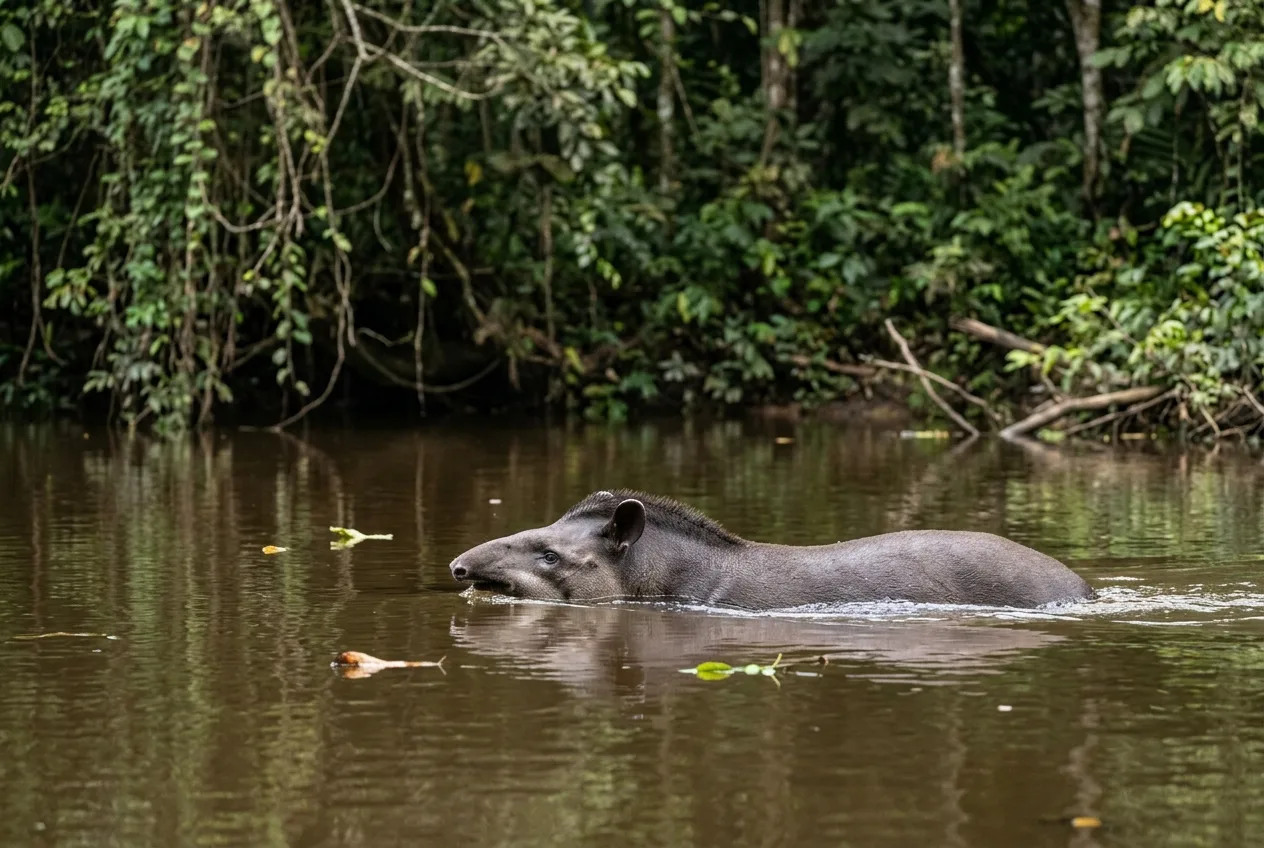 Uma anta seminadando num rio de mata fechada, com apenas a cabeça e o dorso arredondado acima da superfície da água