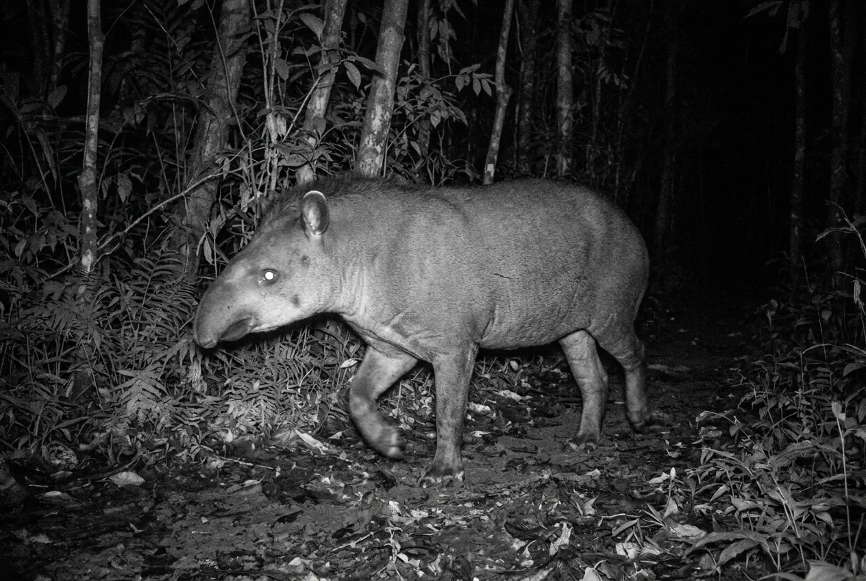 Uma anta capturada de noite por uma câmera de fauna, com os olhos brilhando em infravermelho numa trilha de mata fechada