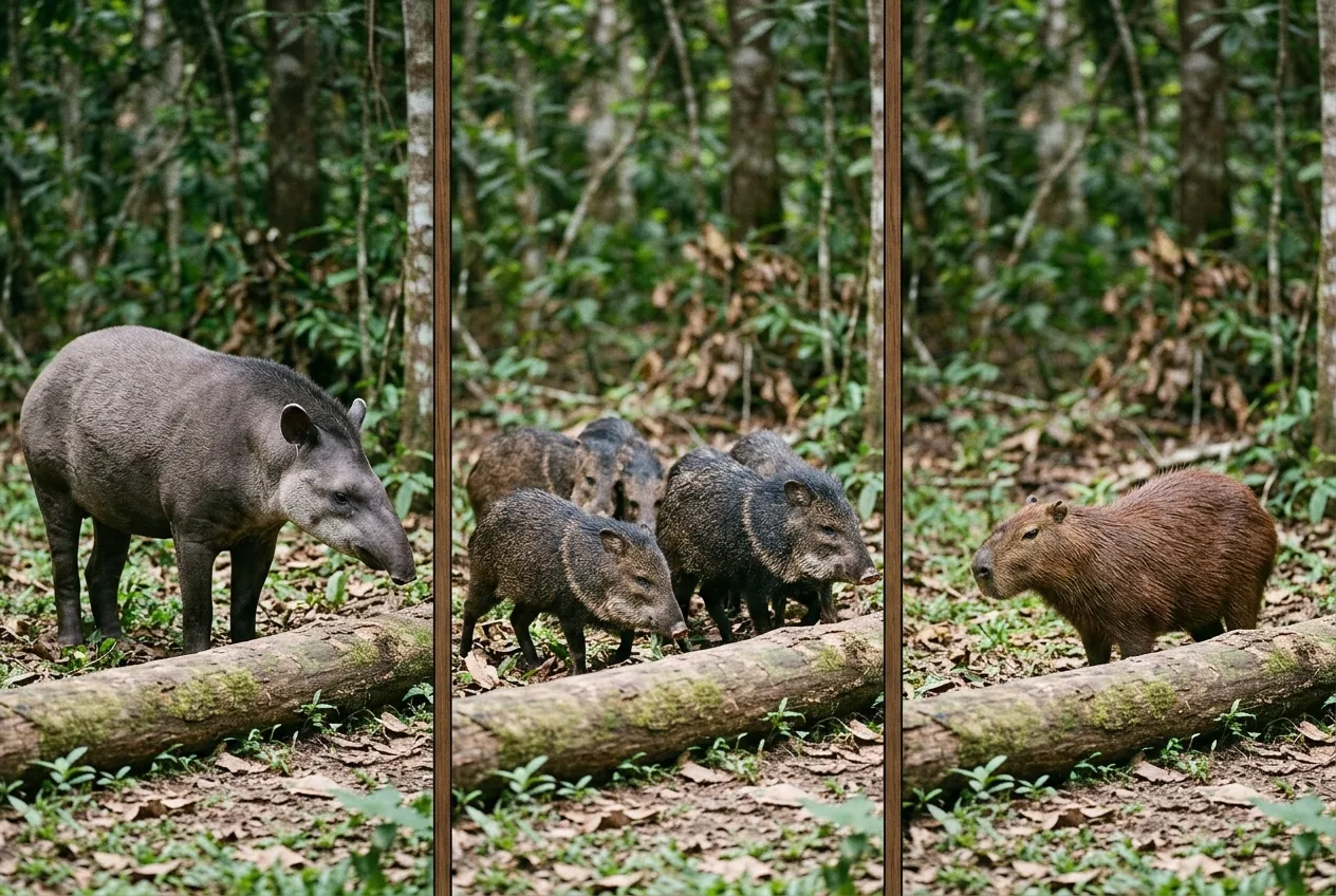 Comparação de tamanho lado a lado: uma anta solitária e grande, um bando compacto de queixadas menores e uma única capivara, na mesma escala