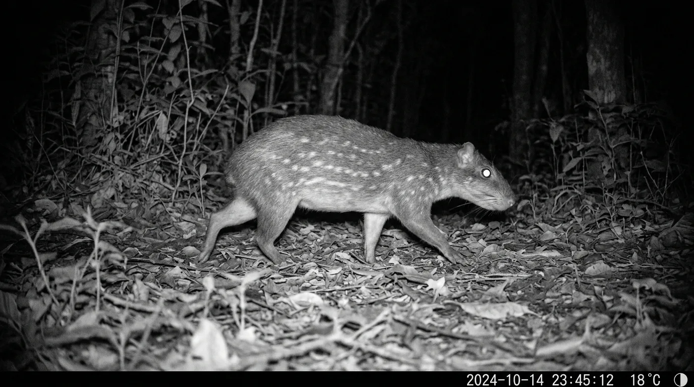 Uma paca fotografada à noite por uma câmera de fauna, com data, hora, temperatura e fase da lua impressas em uma faixa de dados no rodapé da foto