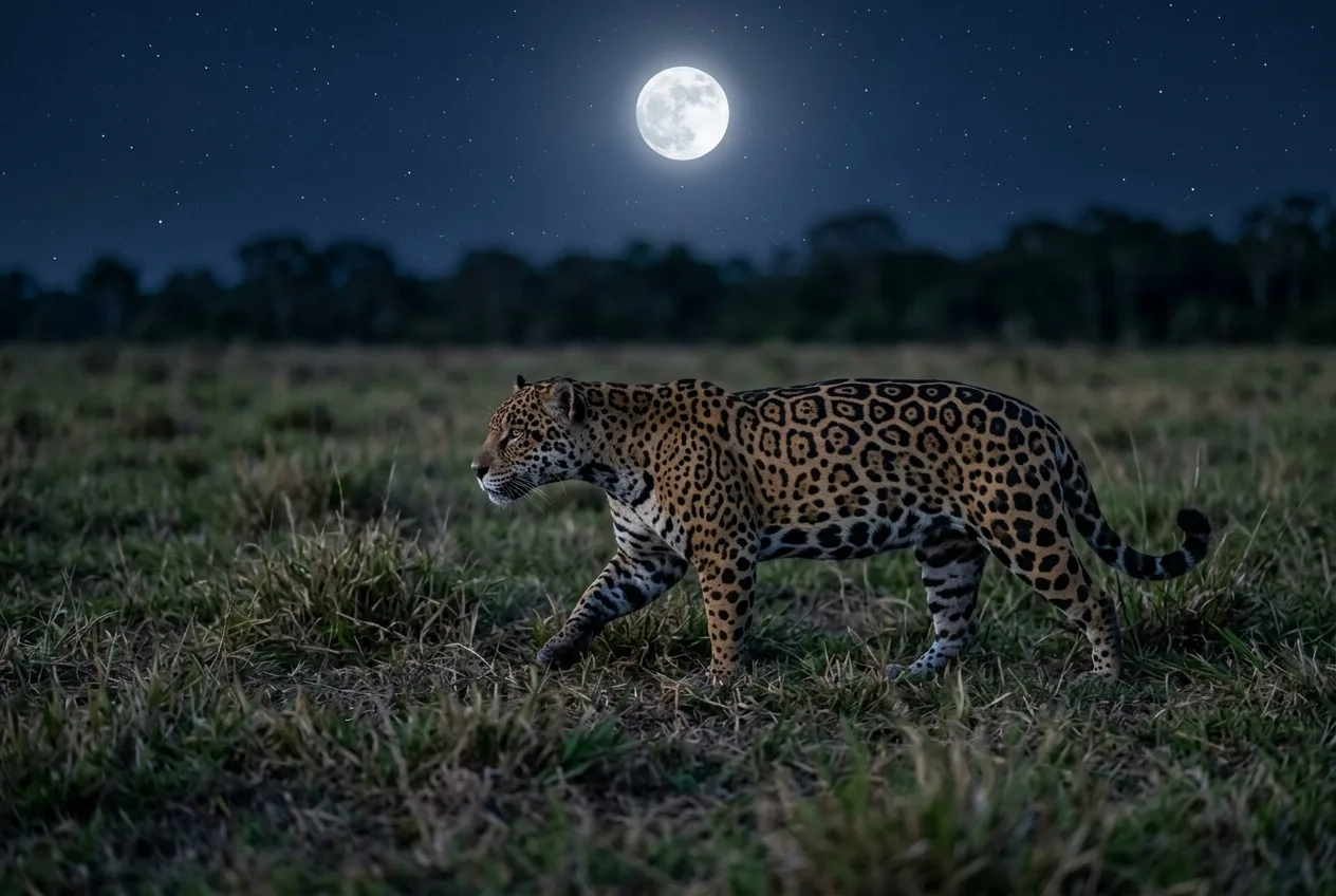 Uma onça-pintada atravessando um campo aberto sob a luz de uma lua cheia brilhante em uma noite límpida