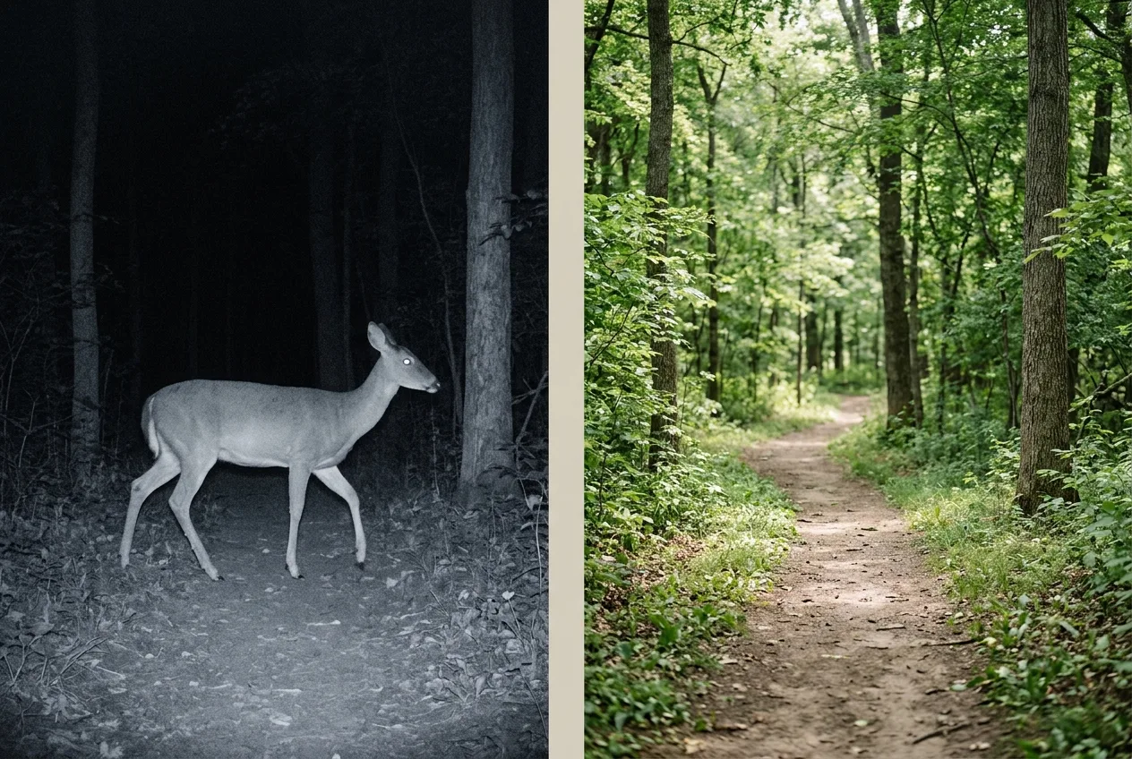 Comparação lado a lado da mesma trilha de floresta: um veado capturado à noite em infravermelho e o mesmo local de dia sob luz natural, ilustrando o contraste de atividade