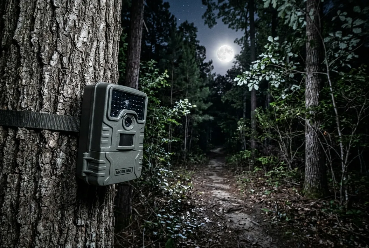 Uma câmera de fauna presa a uma árvore, mirando uma trilha de floresta iluminada por uma lua cheia alta no céu noturno