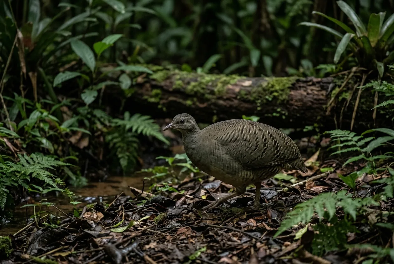 Um macuco de corpo volumoso e cauda quase inexistente caminhando devagar no interior sombreado da mata atlântica