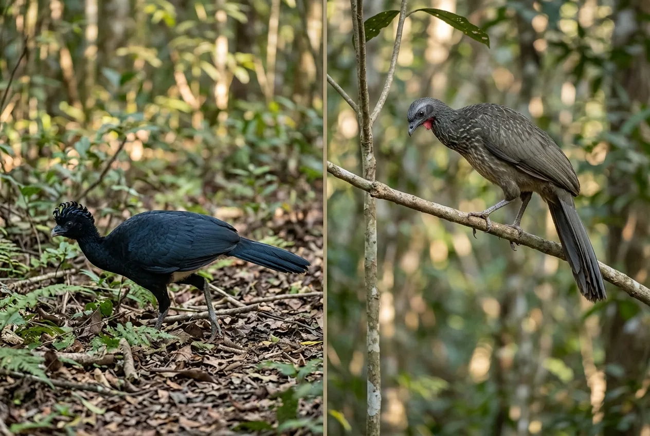Comparação lado a lado entre um mutum caminhando no chão da mata e um jacu empoleirado em galho baixo