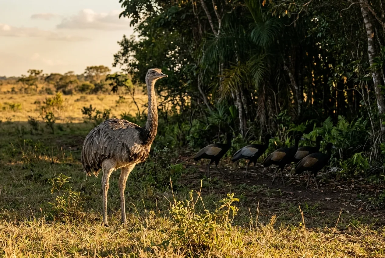 Uma ema adulta em campo aberto de cerrado ao lado de um bando de jacamins pretos andando em fila na mata próxima