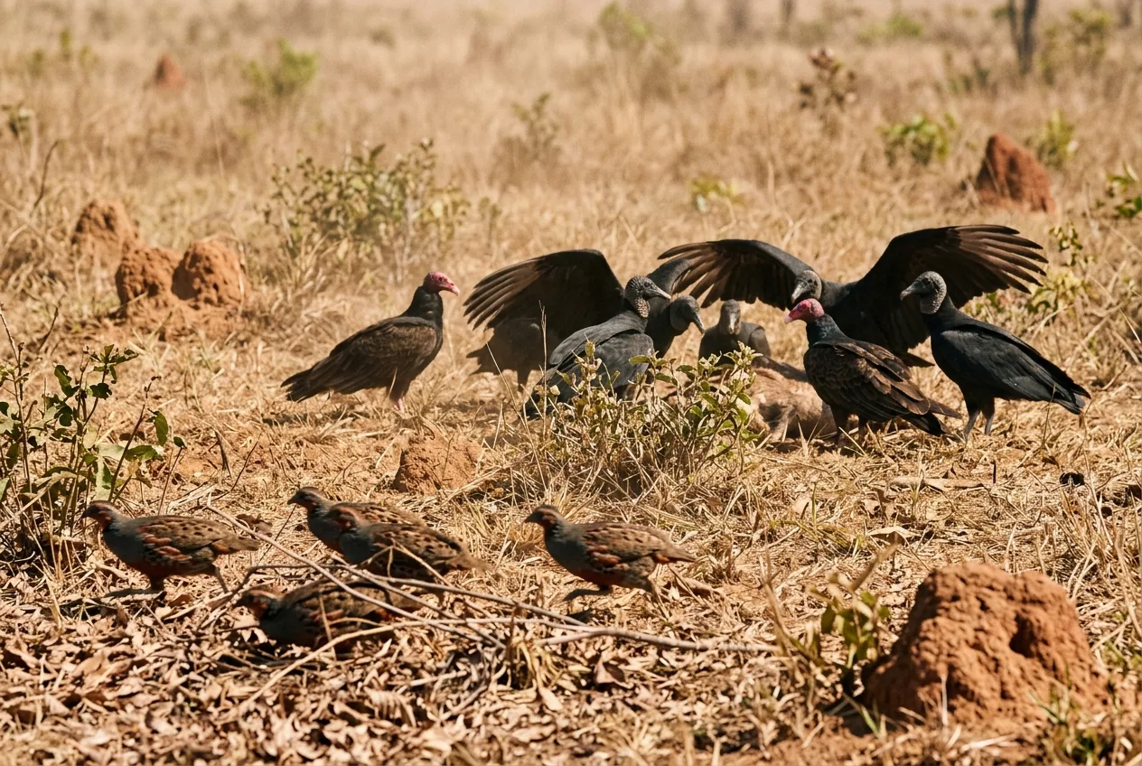 Urubus-de-cabeça-preta e de cabeça-vermelha alimentando-se de uma carcaça no cerrado, com um pequeno bando de urus correndo ao fundo