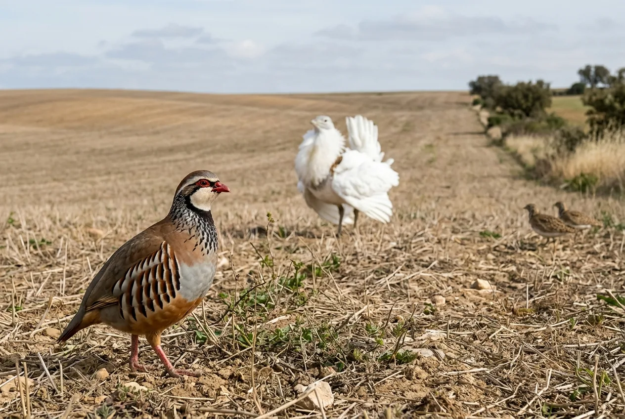 Uma perdiz-comum em pousio de cereal no Alentejo, com uma abetarda macho ao fundo em exibição de corte na primavera