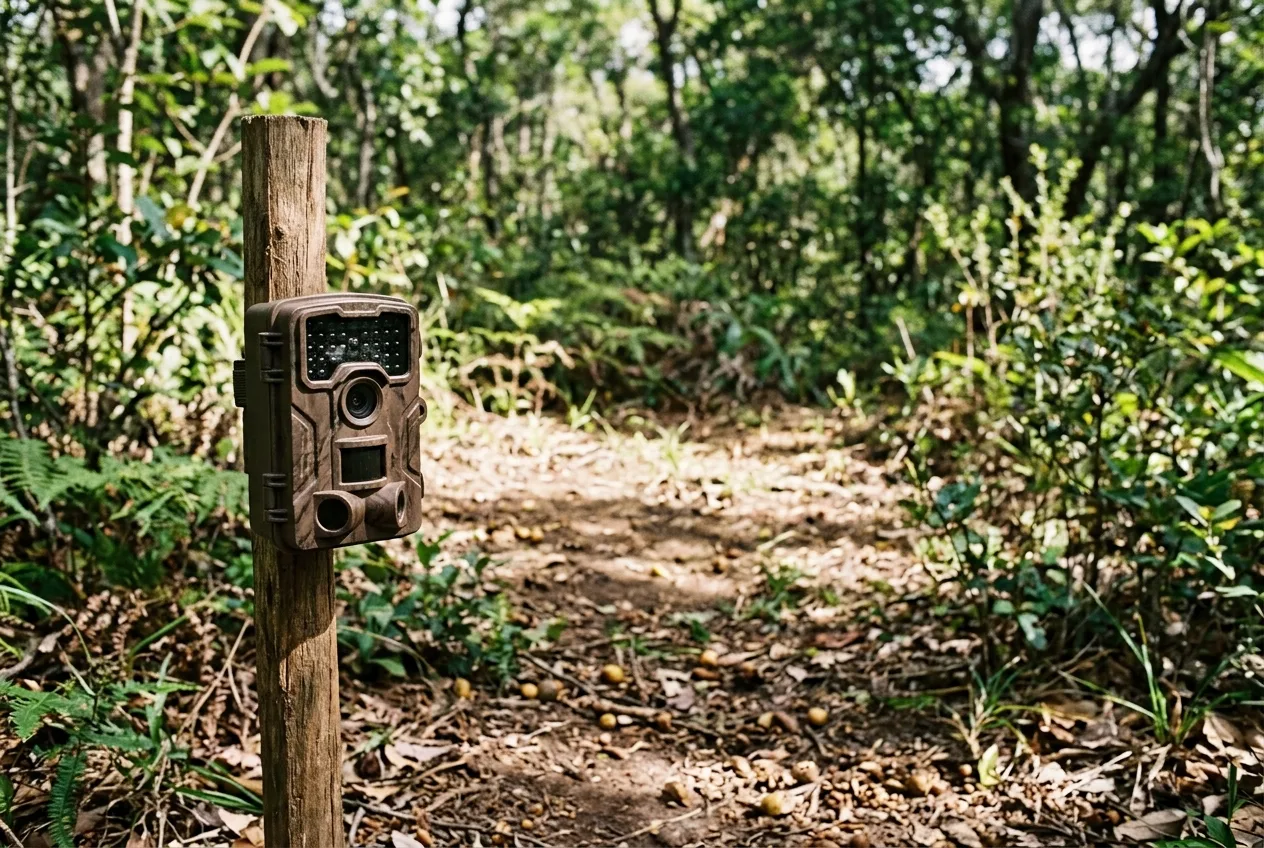 Câmera de fauna instalada baixa e na horizontal, mirando uma clareira de forrageio com grãos caídos no chão da mata