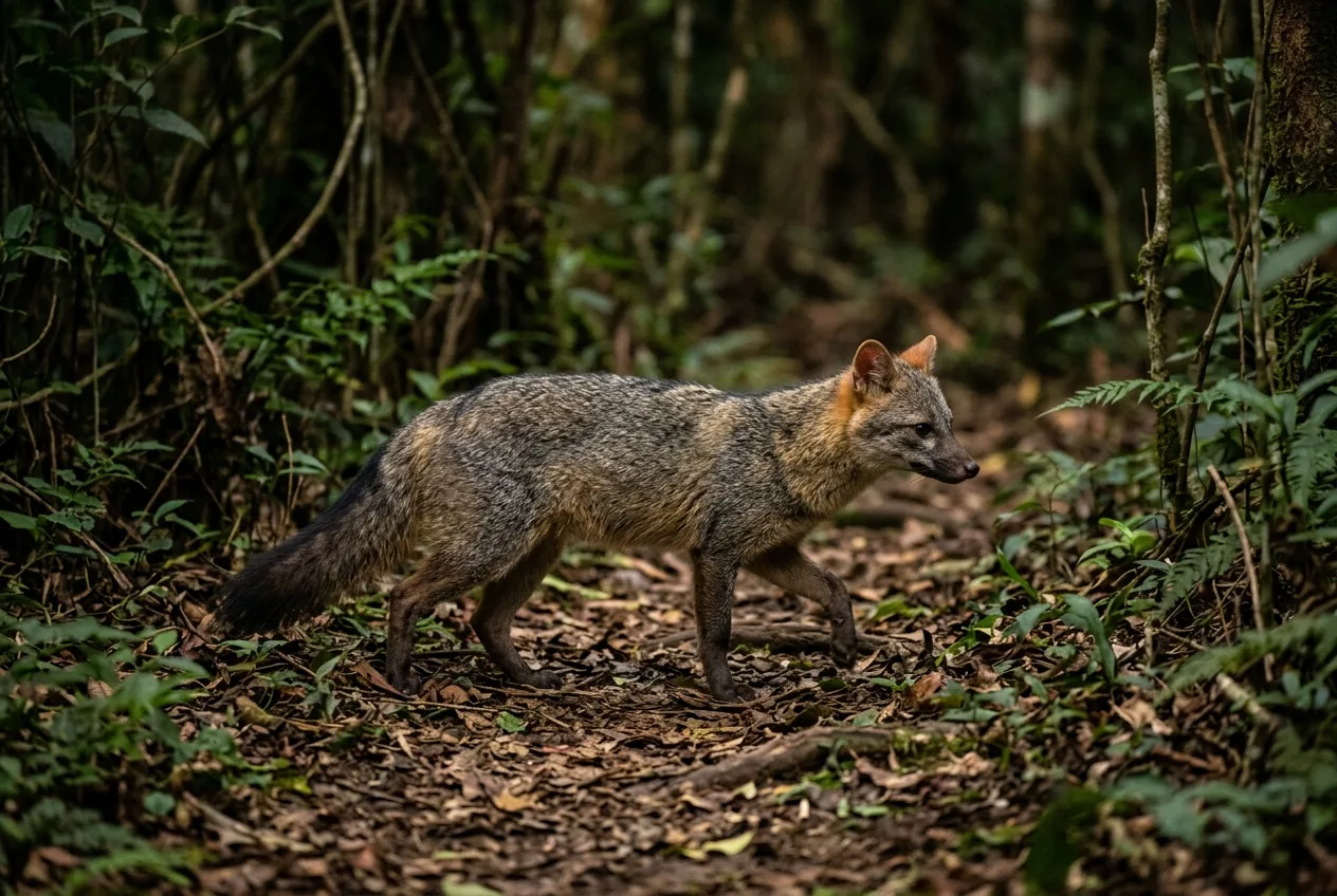 Um cachorro-do-mato de porte pequeno e pelagem cinza-amarronzada, orelhas curtas e arredondadas, caminhando à noite numa trilha da Mata Atlântica