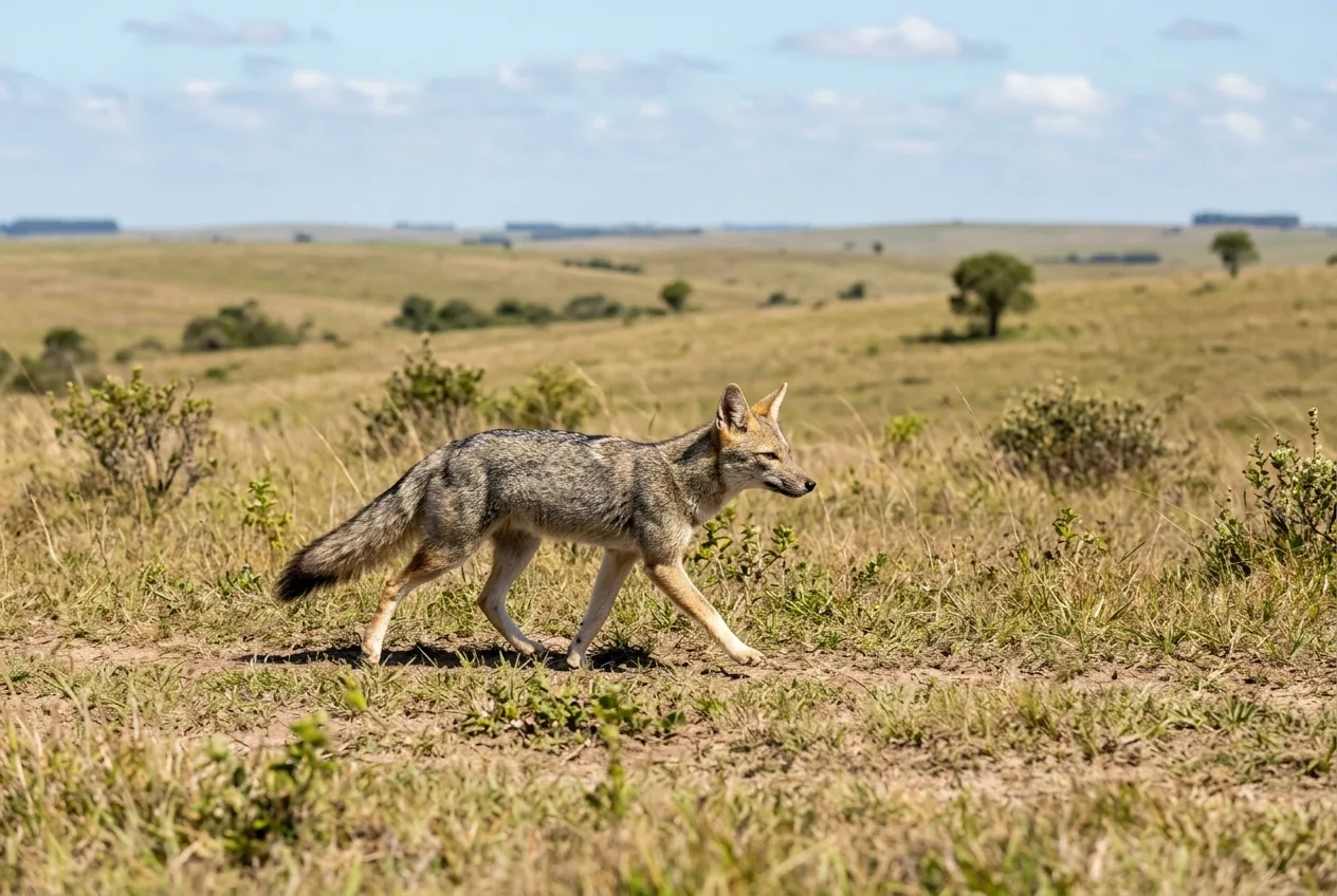 Um graxaim-do-campo cinza-amarelado, um pouco maior que o cachorro-do-mato, caçando de dia num campo aberto do Pampa