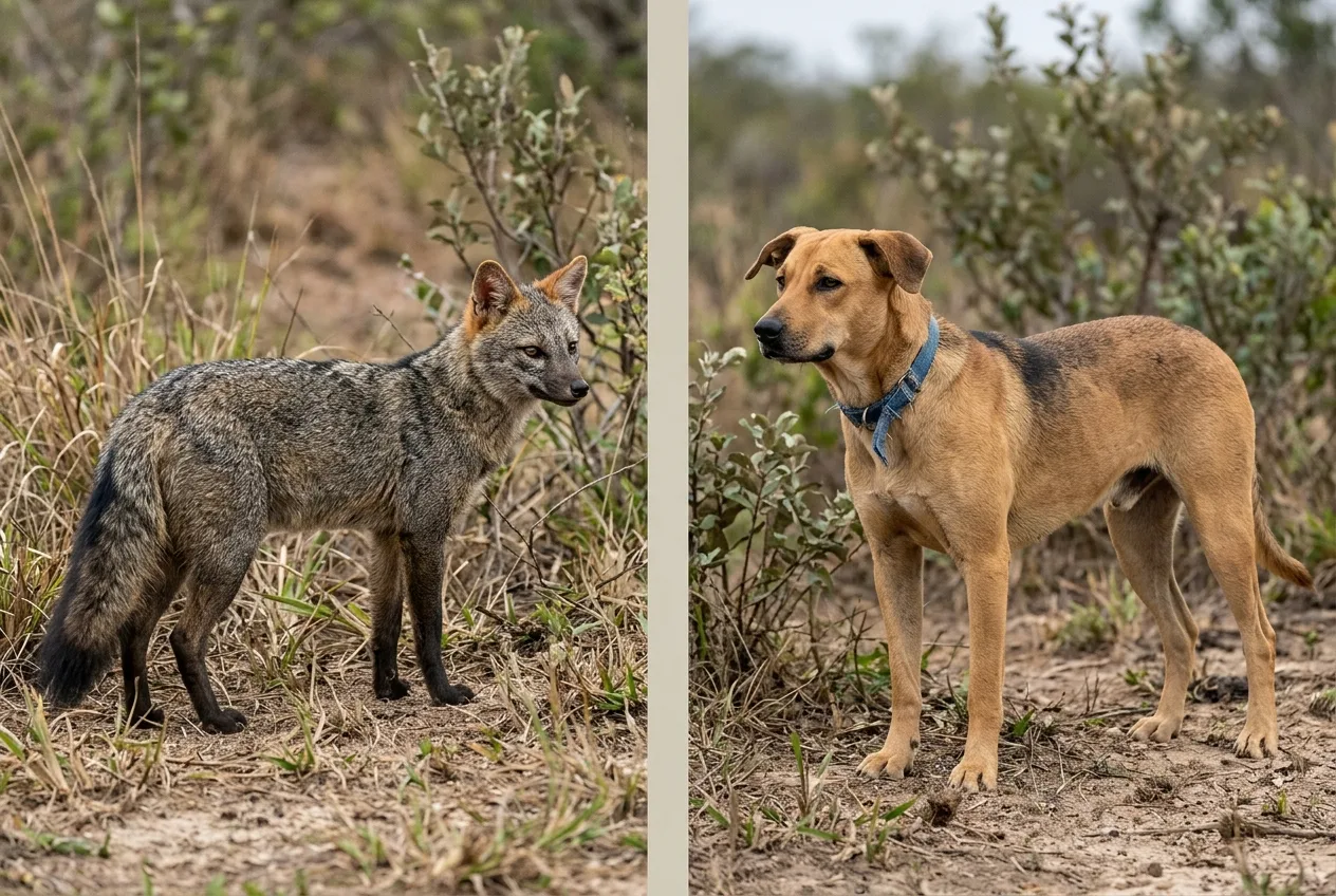 Comparação lado a lado do cachorro-do-mato silvestre e de um cão doméstico de porte parecido, mostrando as diferenças de porte e pelagem