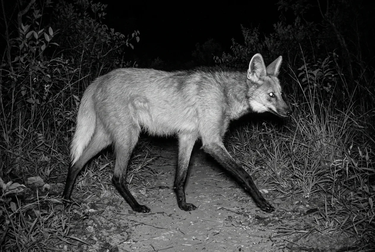 Um lobo-guará capturado por câmera de fauna à noite, olhos brilhando no infravermelho, cruzando uma trilha