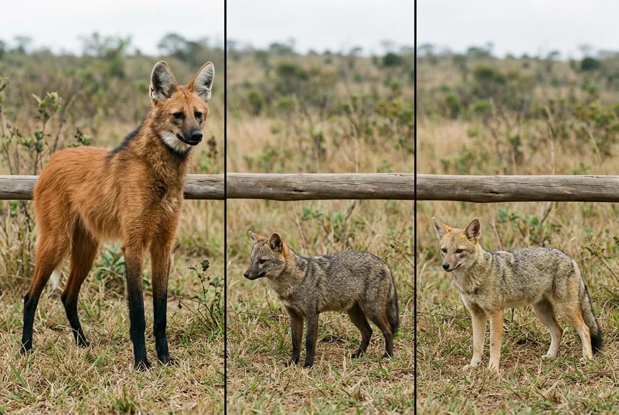 Comparação de porte lado a lado entre lobo-guará, cachorro-do-mato e graxaim-do-campo junto a uma cerca baixa, mostrando a diferença de altura das pernas
