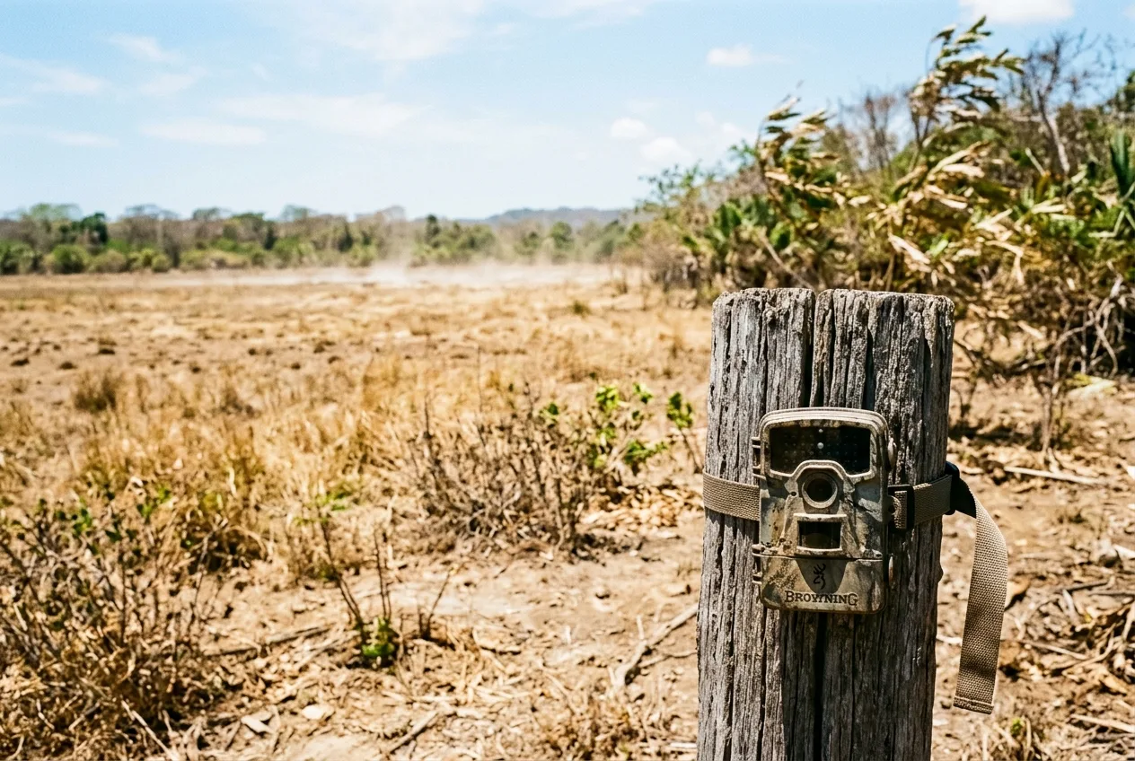 Câmera de fauna montada em poste voltada para um campo aberto e ensolarado com calor visivelmente distorcendo o ar sobre o solo