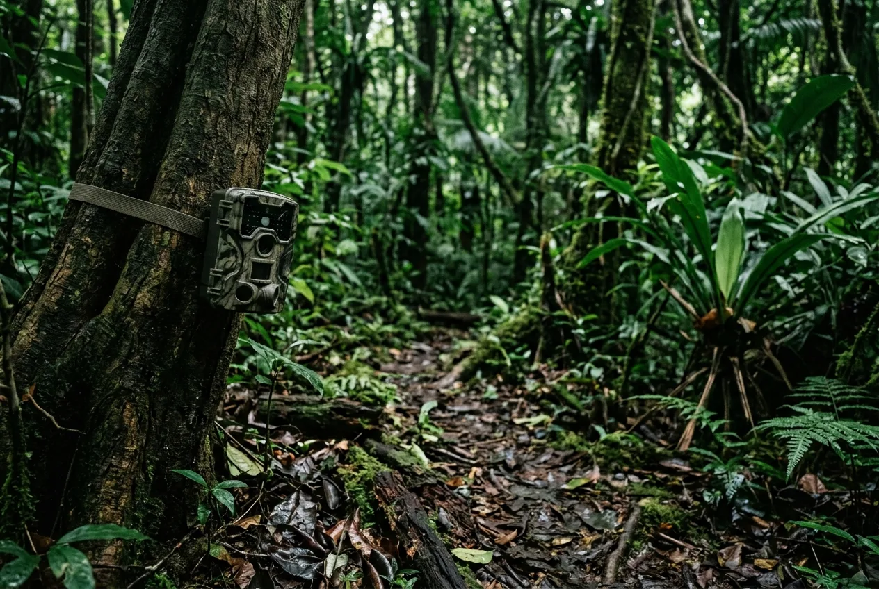 Câmera de fauna bem instalada na sombra densa da floresta tropical, longe da vegetação que balança ao vento