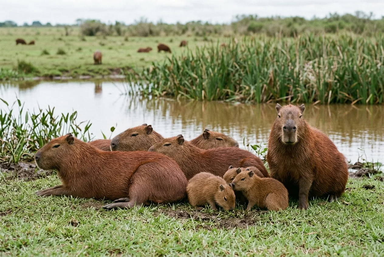 Um bando de capivaras, adultos e filhotes, descansando juntos na grama à beira d'água em plena luz do dia