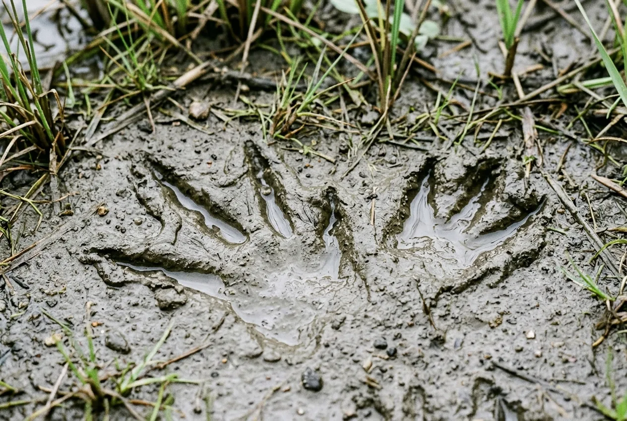 Pegada de capivara na lama molhada perto da água, mostrando quatro dedos abertos na frente e três atrás, com um leve borrão de membrana