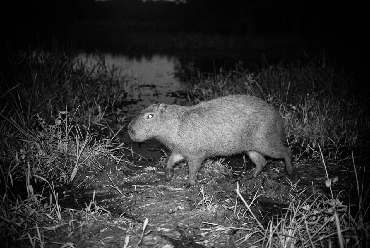 Uma capivara capturada de noite por uma câmera de fauna, com os olhos brilhando em infravermelho na trilha até a água