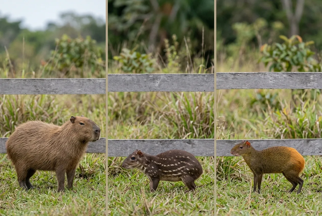 Comparação lado a lado do tamanho: uma capivara enorme, uma paca menor de pelagem pintada e uma cutia ainda menor, lado a lado na mesma escala