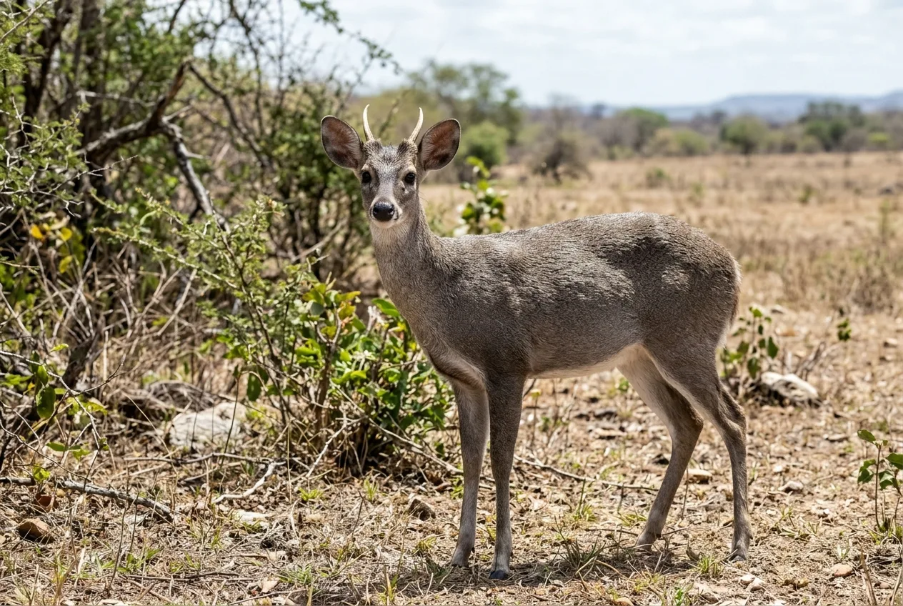 Um veado-catingueiro de pelagem acinzentada em uma borda de mata aberta durante o dia, com manchas claras acima dos olhos