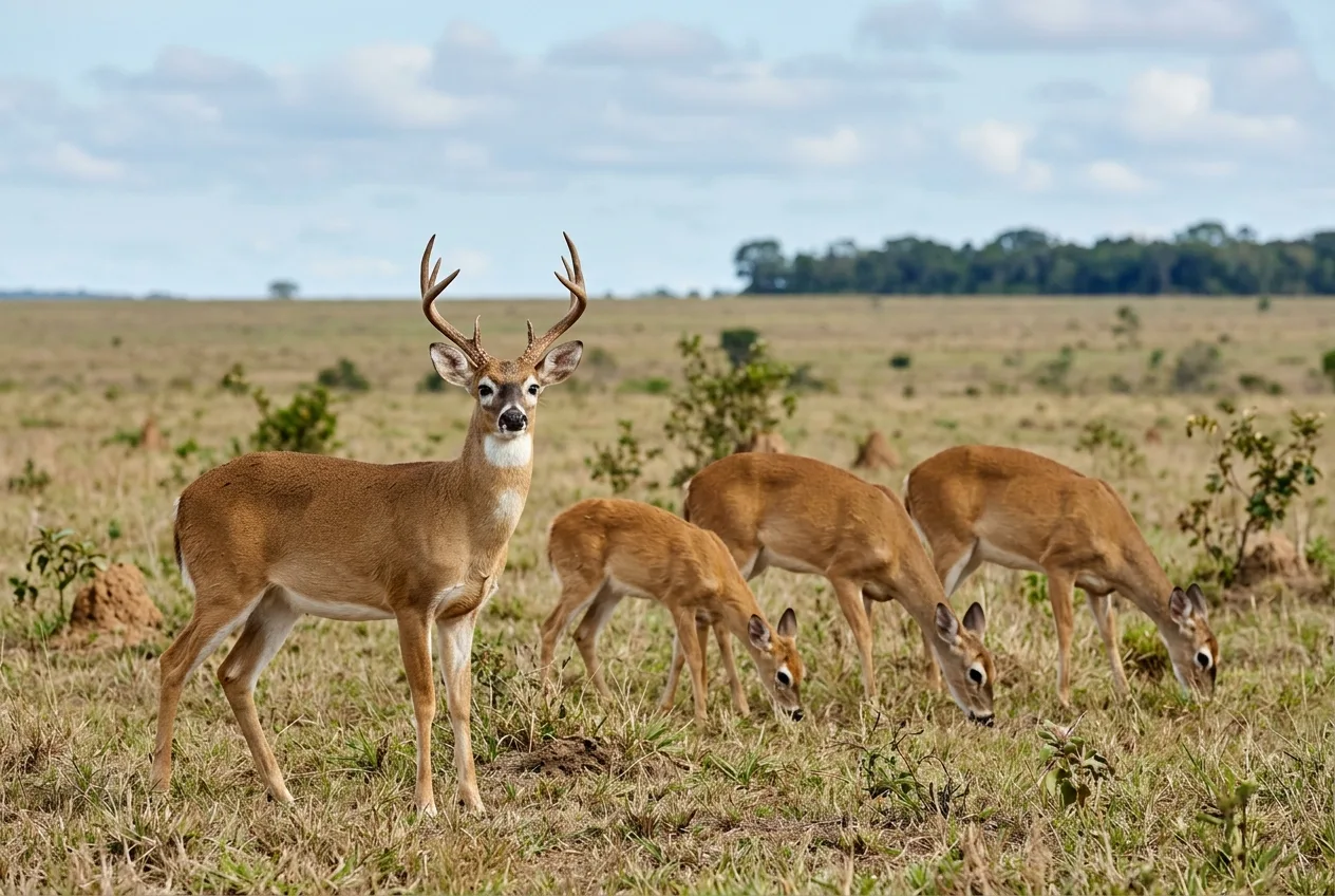 Um pequeno grupo de veados-campeiros em campo aberto de dia, com galhada ramificada e manchas brancas ao redor dos olhos
