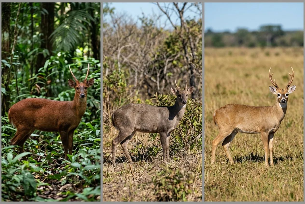 Comparação lado a lado de três cervídeos neotropicais de porte diferente: um veado-mateiro maior na mata, um veado-catingueiro médio na borda aberta e um veado-campeiro no campo, ilustrando a diferença de tamanho e hábitat