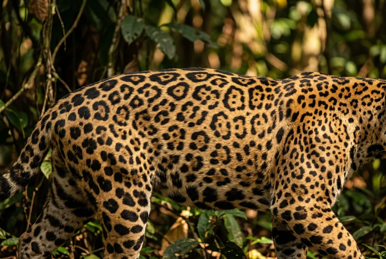 Detalhe da pelagem de uma onça-pintada com grandes rosetas de borda irregular, cada uma com uma ou mais pintas escuras no centro, o padrão único usado para identificar indivíduos