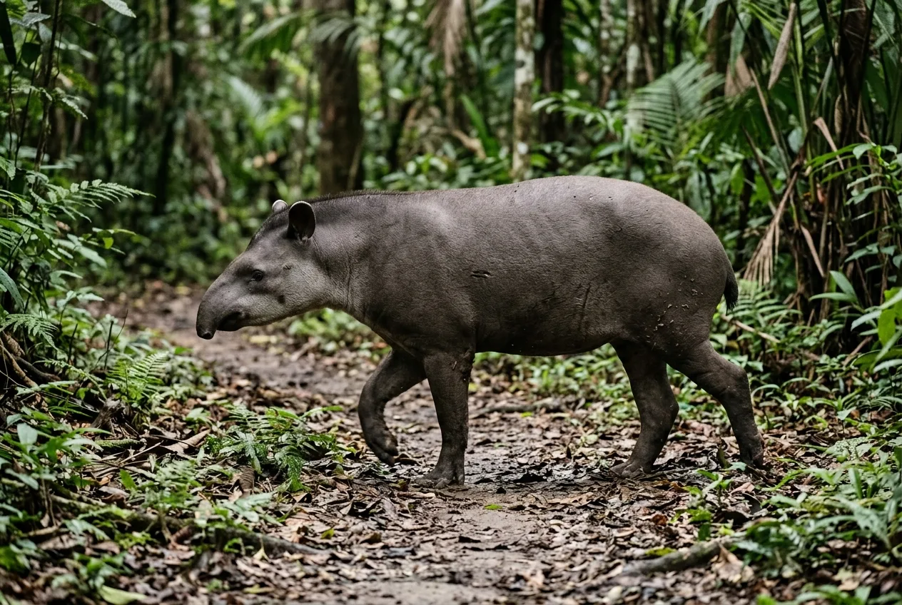 Uma anta de pelagem lisa e uniforme caminhando por uma trilha de floresta, um exemplo de espécie sem marca natural aproveitável para identificar indivíduos