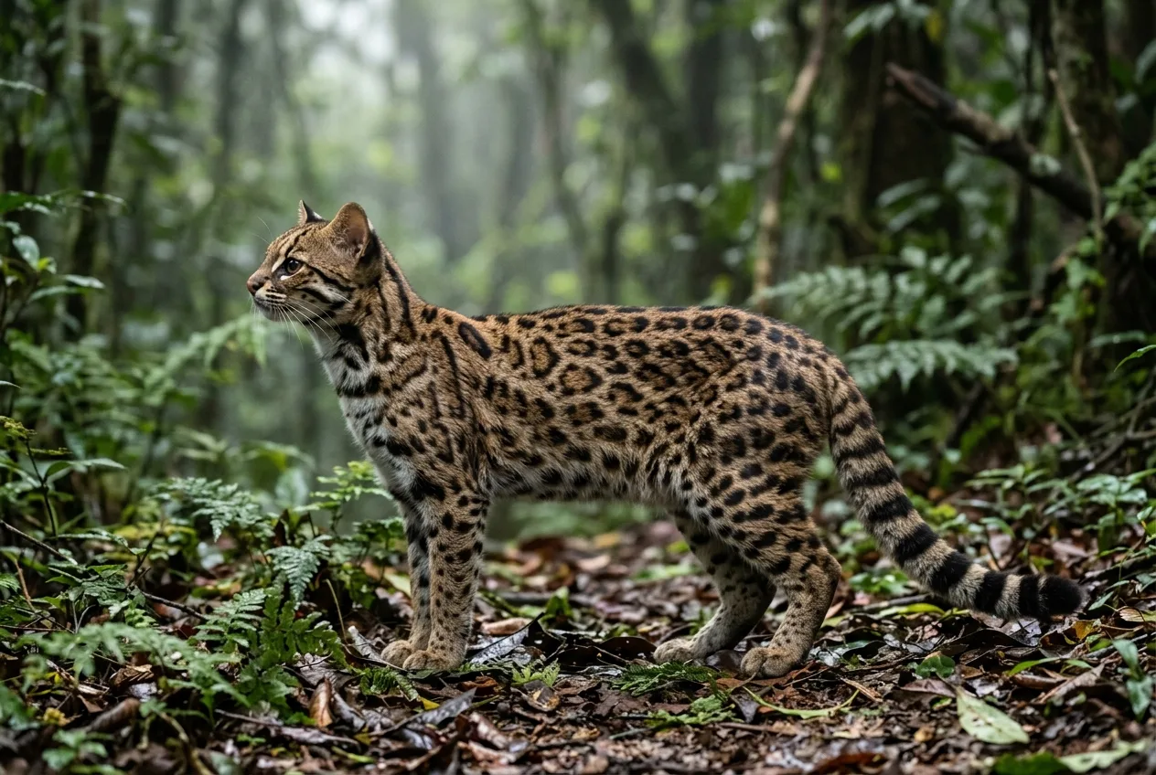 Um gato-macambira do tamanho de um gato doméstico, com rosetas de orla escura, cauda anelada de ponta preta e mancha branca atrás das orelhas