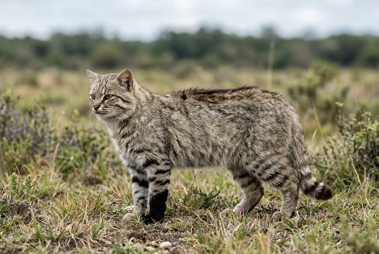 Um gato-palheiro de pelagem acinzentada sem rosetas, com listras pretas nas patas formando uma bota escura e a crista dorsal eriçada