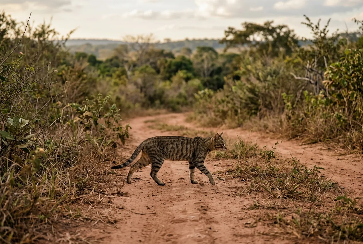 Um gato doméstico tigrado e magro caminhando sozinho por uma trilha rural distante de qualquer casa, o sósia que confunde com um felino selvagem