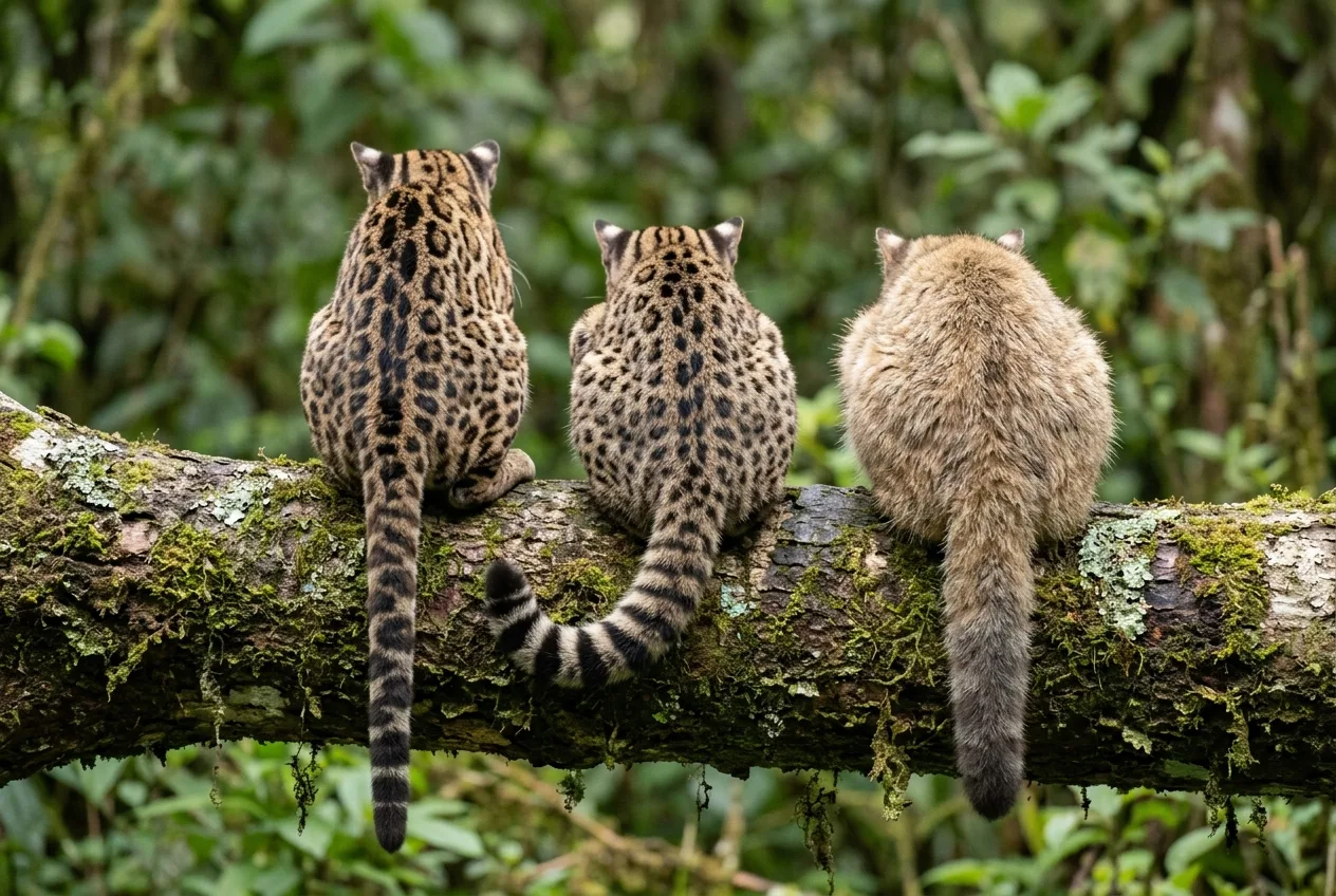 Comparação lado a lado de três caudas de pequenos felinos neotropicais: a do maracajá, longuíssima e mais longa que as pernas; a do gato-macambira, anelada e de ponta preta; e a do gato-palheiro, curta e sem anéis