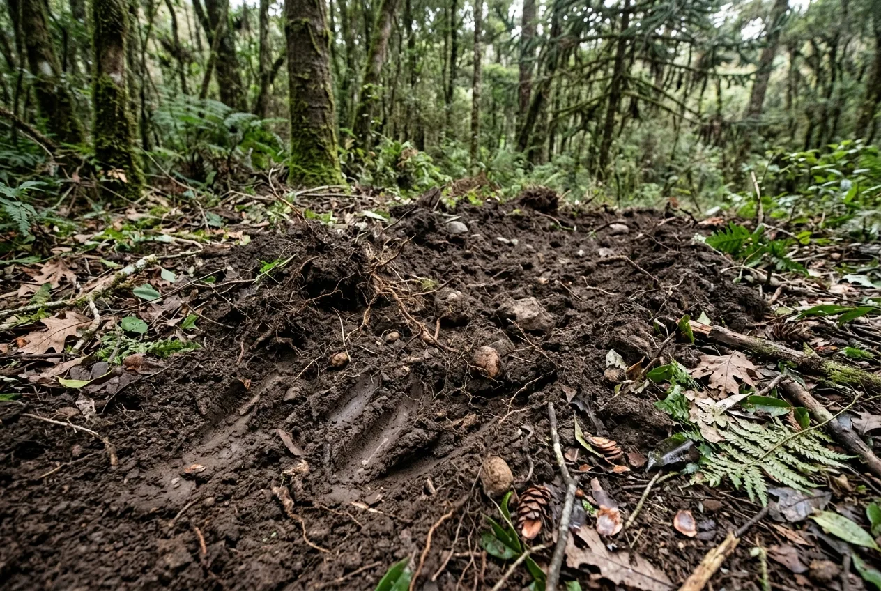 Detalhe da terra fuçada pelo javali com grandes marcas de focinho nas bordas do trecho revolvido