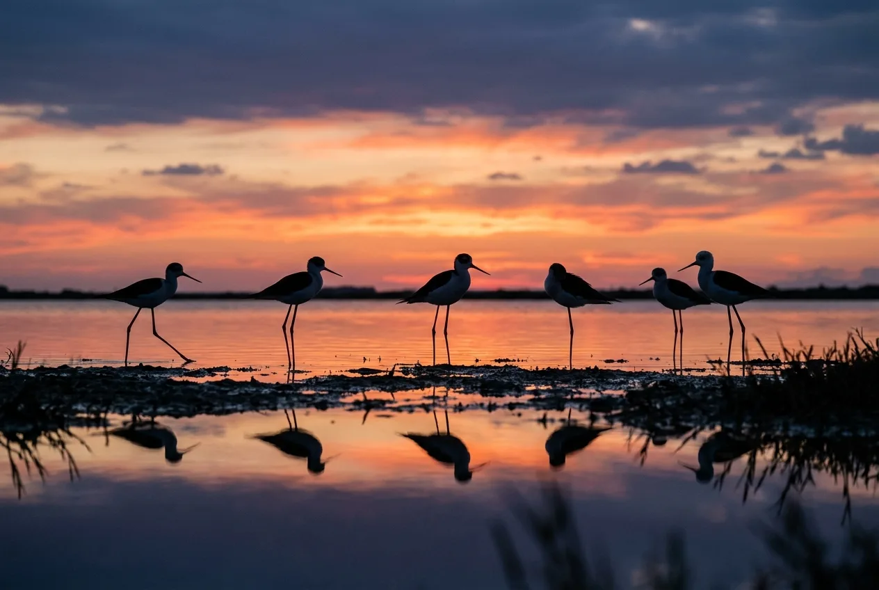 Aves limícolas como silhuetas escuras contra um céu crepuscular luminoso sobre a água