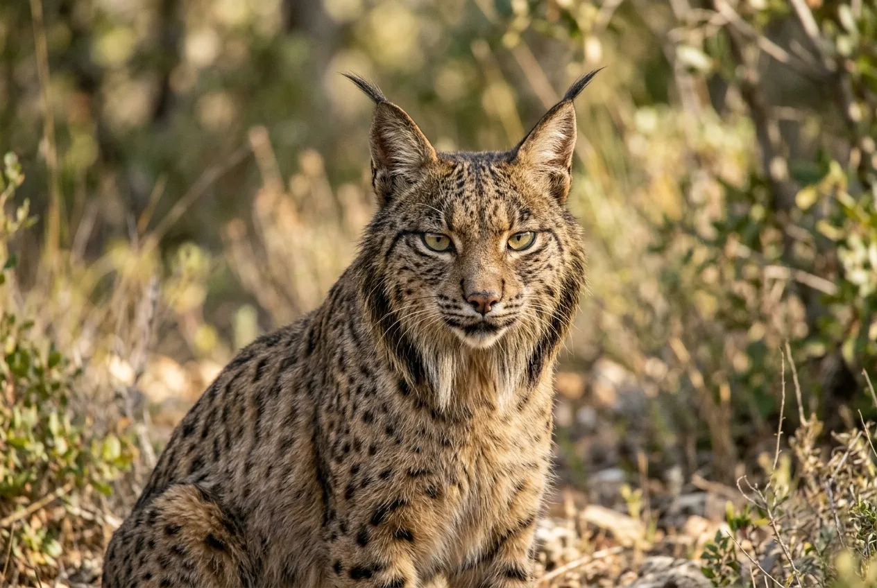 Retrato a distância de um lince-ibérico mostrando as orelhas pontudas com pincéis negros e as longas barbas laterais do rosto