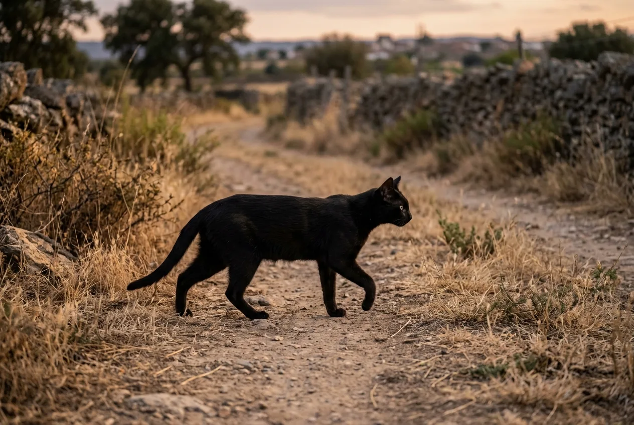 Um gato assilvestrado totalmente preto caminhando por um caminho de terra ao entardecer, uma pelagem que exclui de imediato o gato-bravo puro