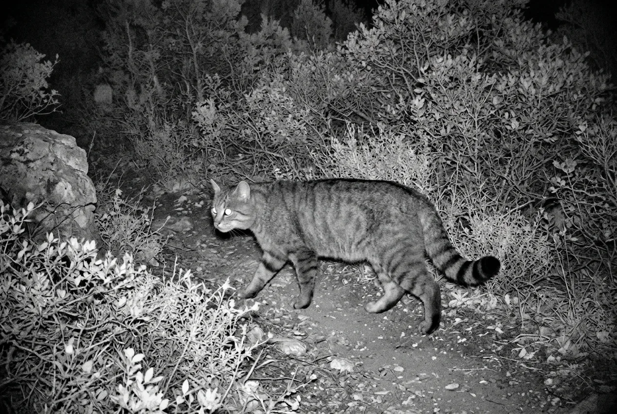 Fotograma noturno de câmera de fauna em infravermelho mostrando um felino candidato a gato-bravo cruzando uma trilha de matagal mediterrânico