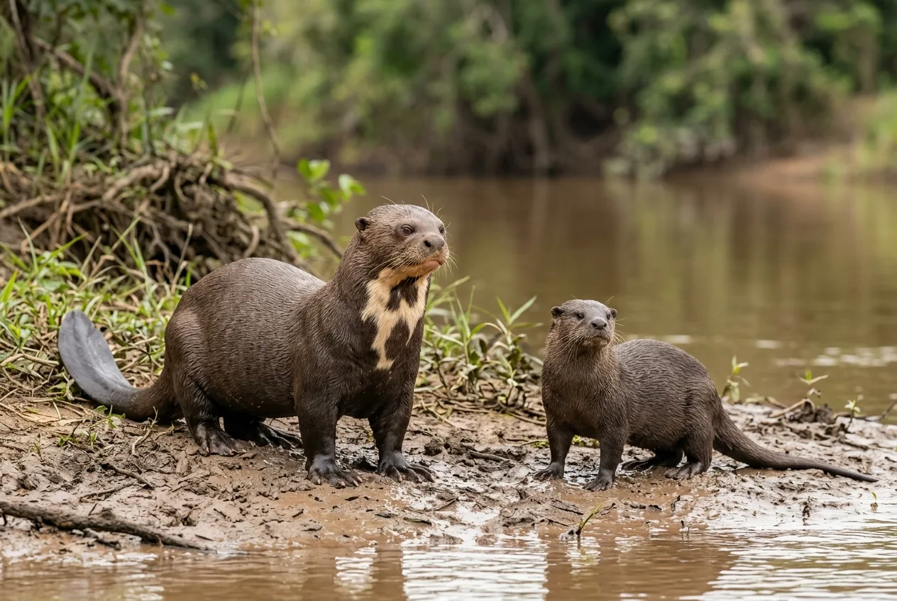 Comparação de tamanho lado a lado: uma ariranha bem maior à esquerda e uma lontra-neotropical menor e solitária à direita, na mesma escala