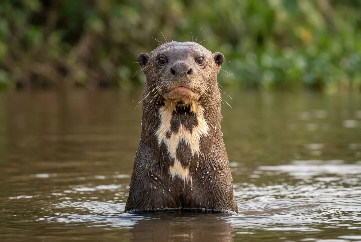 Close frontal de uma ariranha erguida na água, mostrando a mancha branca única na garganta usada para identificar cada indivíduo
