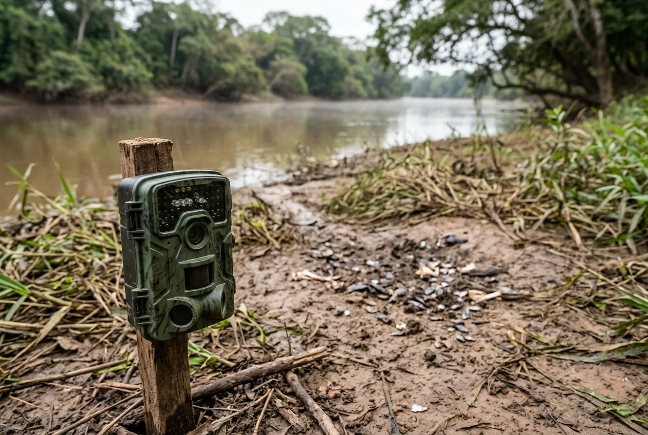 Câmera de fauna instalada baixa, a cerca de 30 cm de altura, voltada para uma latrina de ariranha cheia de escamas de peixe num barranco aberto